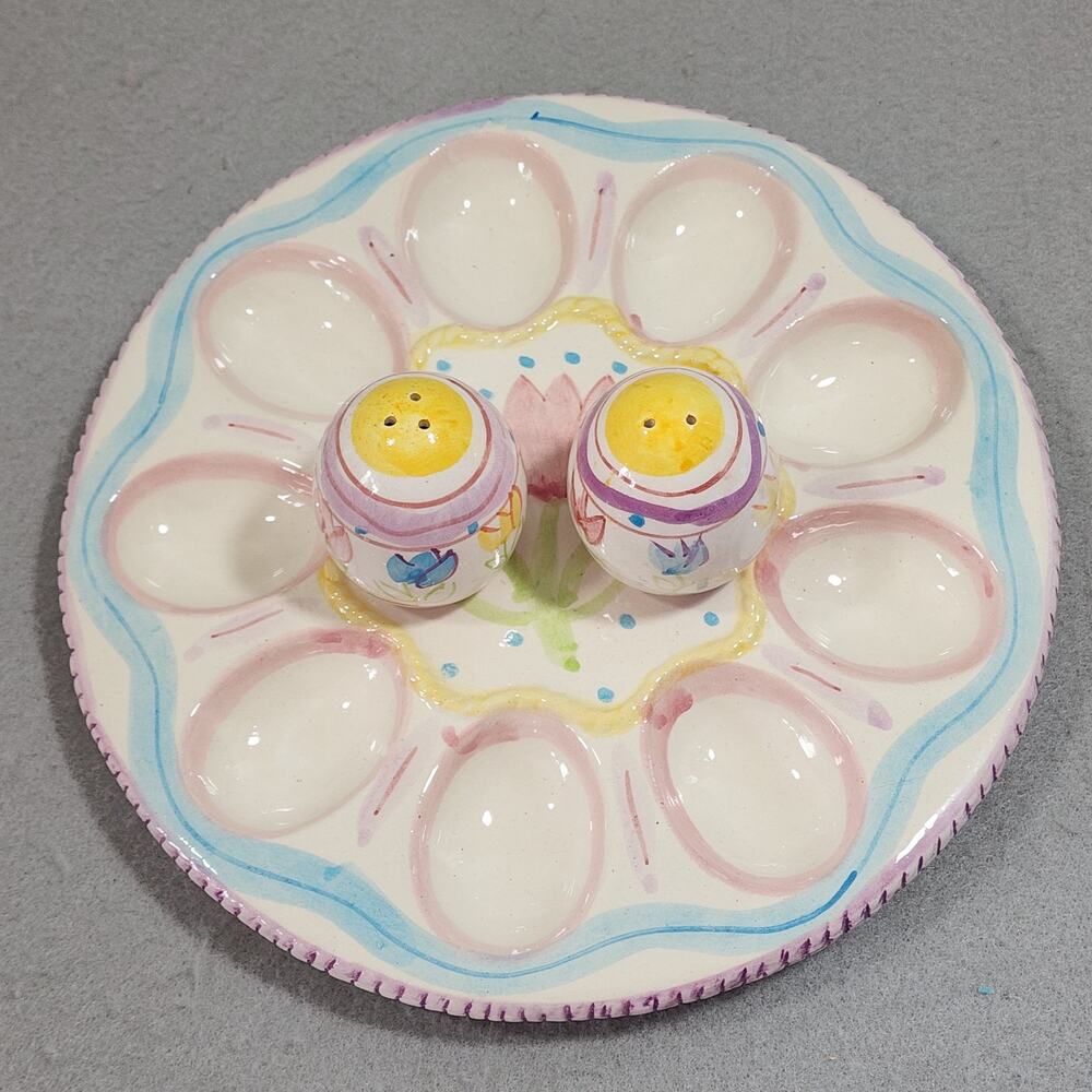 ARIELA Easter Ceramic 9cnt Deviled Egg Plate with Salt & Pepper Shaker Set Decor